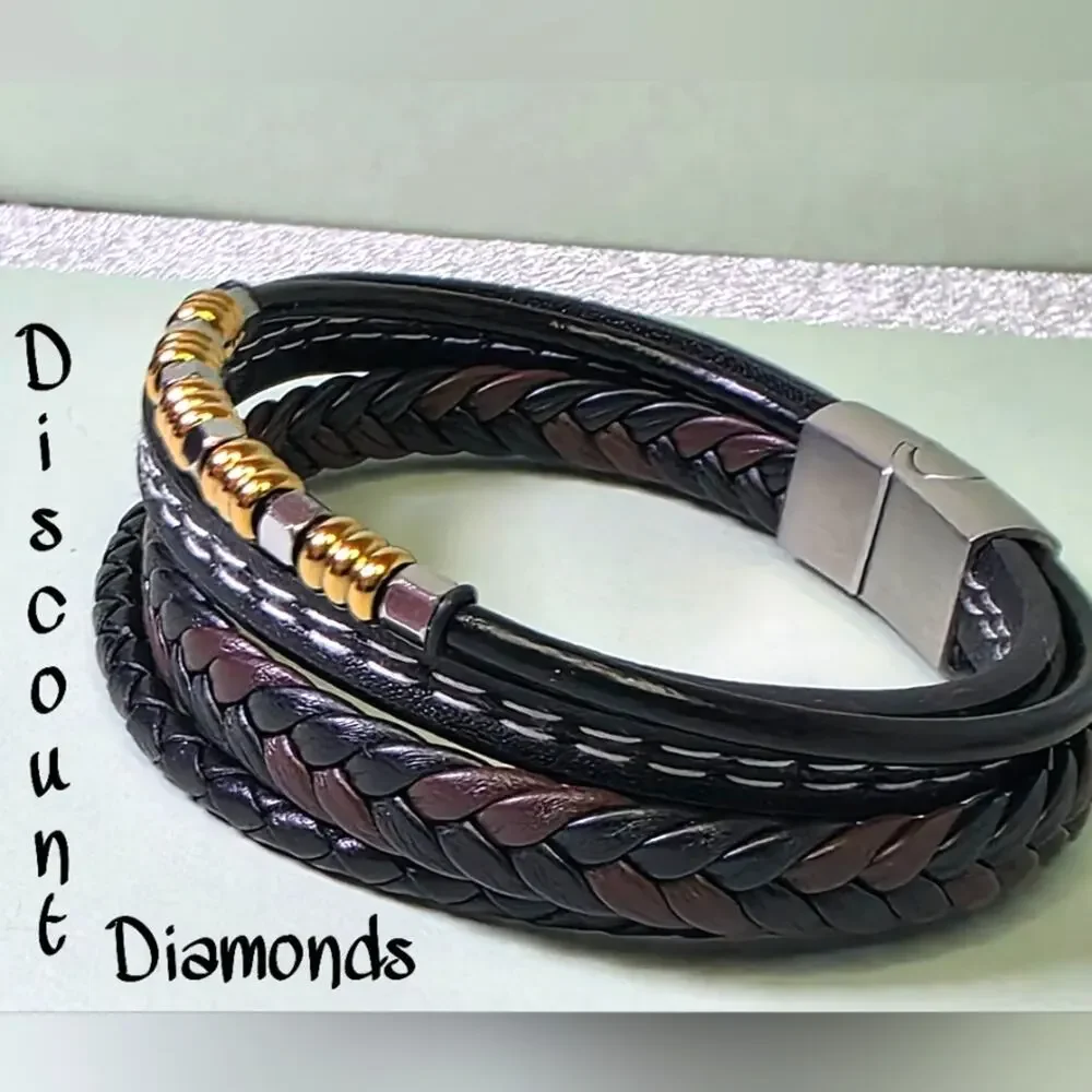 Black & Brown Genuine Braided  Leather & Gold & Silver Titanium